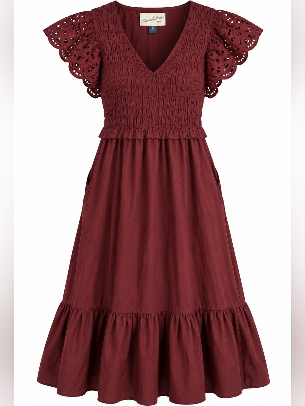 Universal Thread Maroon Eyelet Flutter Sleeve Smocked Midi Dress M NWT Western